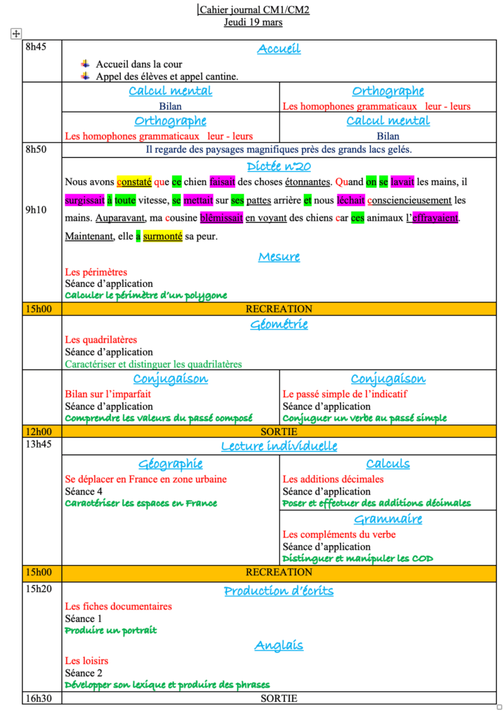 Jeudi 19 mars : progression CM1 CM2 Semaine 23
