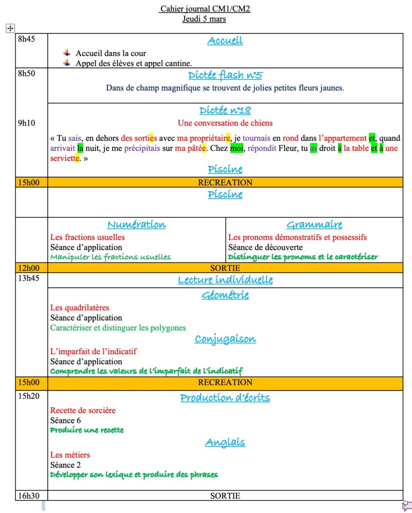 Jeudi 5 mars : progression CM1 CM2 Semaine 21