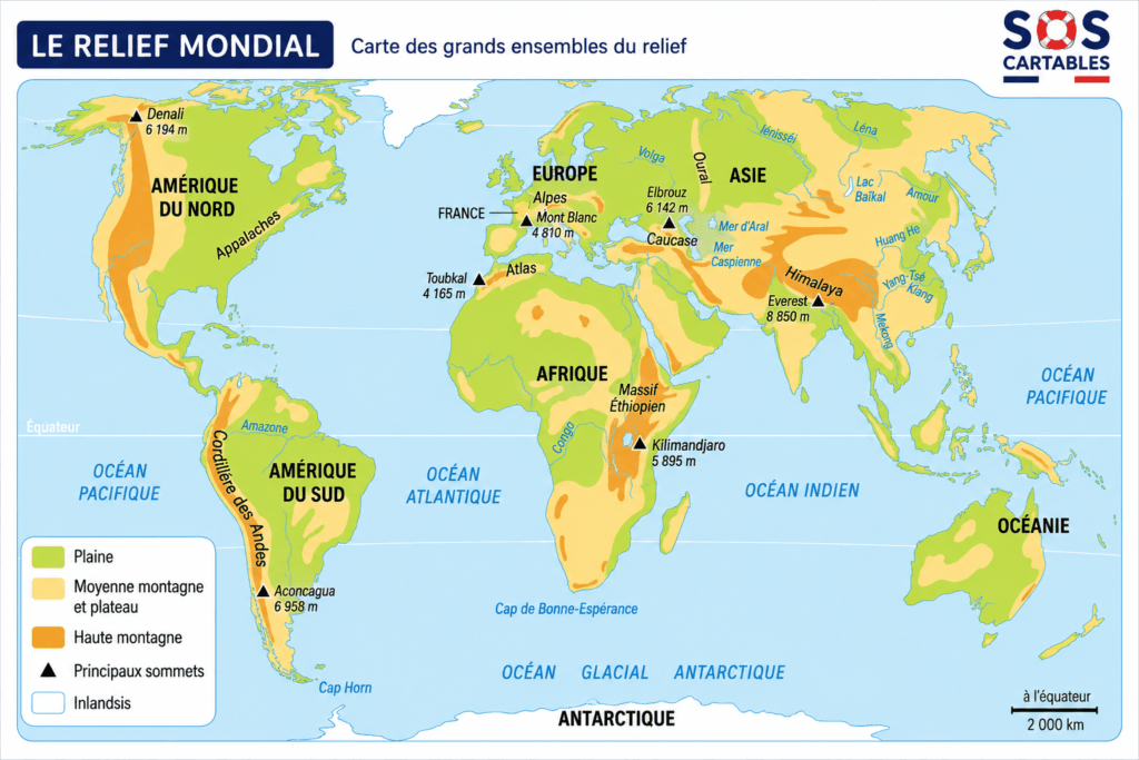 Carte du monde des grands ensembles de relief - Les grands ensembles de relief de la Terre CM1 CM2