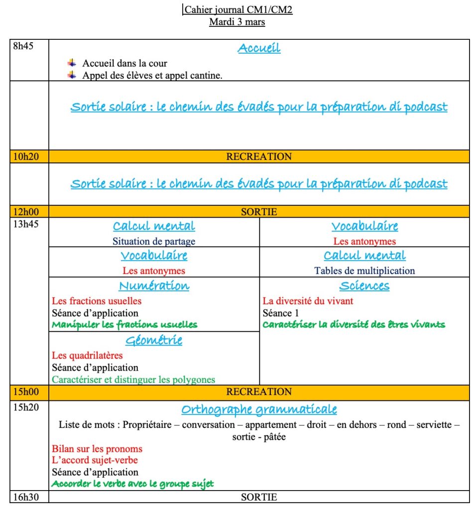 Mardi 3 mars : progression CM1 CM2 Semaine 21