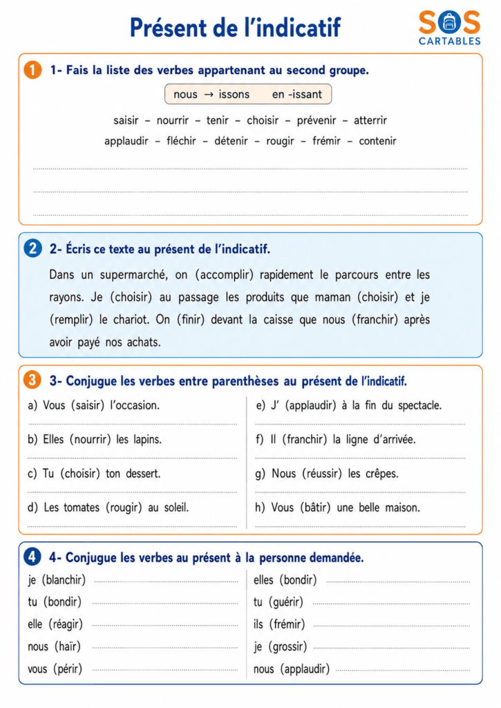 C4 Présent 2ème groupe : exercices corrigés 3 Exercice complémentaire de conjugaison sur le présent 2eme groupe