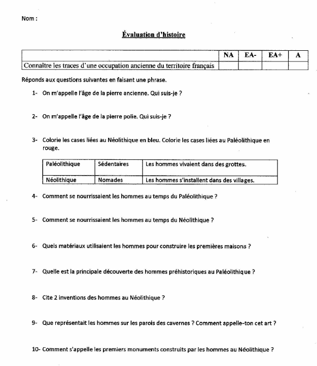 évaluation Préhistoire CM1 - bilan Paléolithique Néolithique cycle 3 gratuit