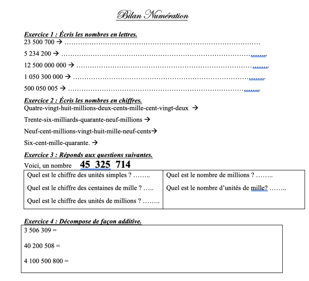 évaluation sur les grands nombres CM2 - partie 1