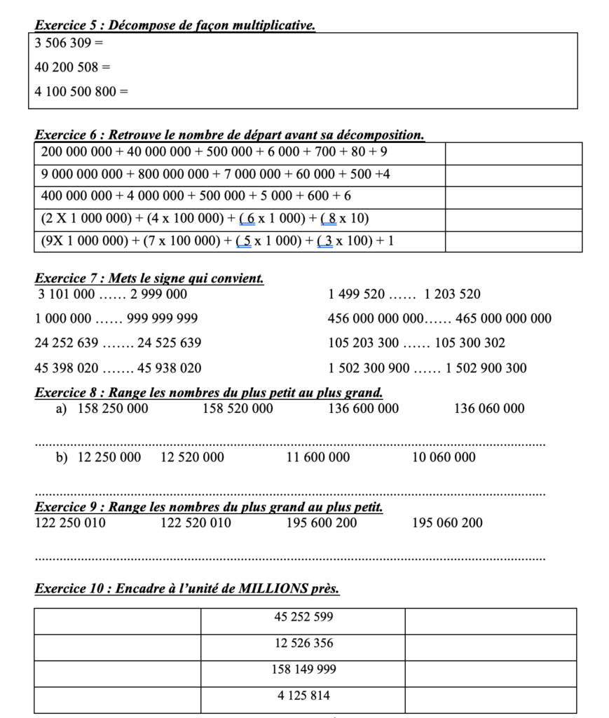 Bilan sur les grands nombres CM2 - partie 2