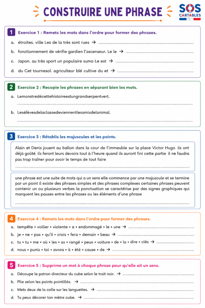Construire des phrases CM1 CM2 : exercices corrigés gratuits sur la structure de la phrase 2 Construire des phrases CM1 CM2 - exercices d'application