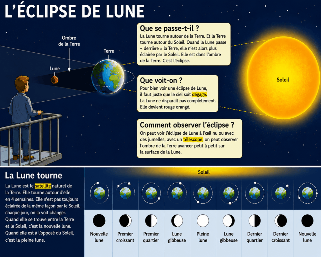 Les éclipses CM1 CM2 : leçon complète et gratuite 6 Schéma éclipse lunaire CM1 CM2 — alignement Soleil Terre Lune