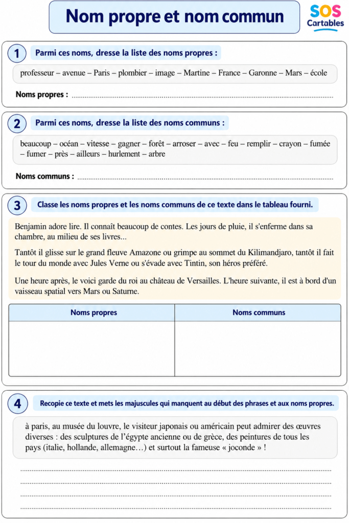 Exercices noms propres et noms communs CM1 CM2 : corrigés gratuits 4 Exercices noms propres et noms communs CM1 CM2 : série 2, listes et texte à classer
