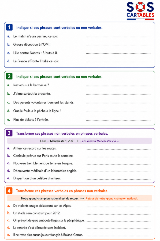 Phrases verbales et nominales CM1 CM2 : exercices corrigés gratuits 3 Exercices phrases verbales et nominales CM1 CM2 Série 2