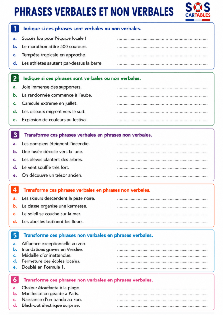 Phrases verbales et nominales CM1 CM2 : exercices corrigés gratuits 4 Exercices phrases verbales et nominales CM1 CM2 Série 3