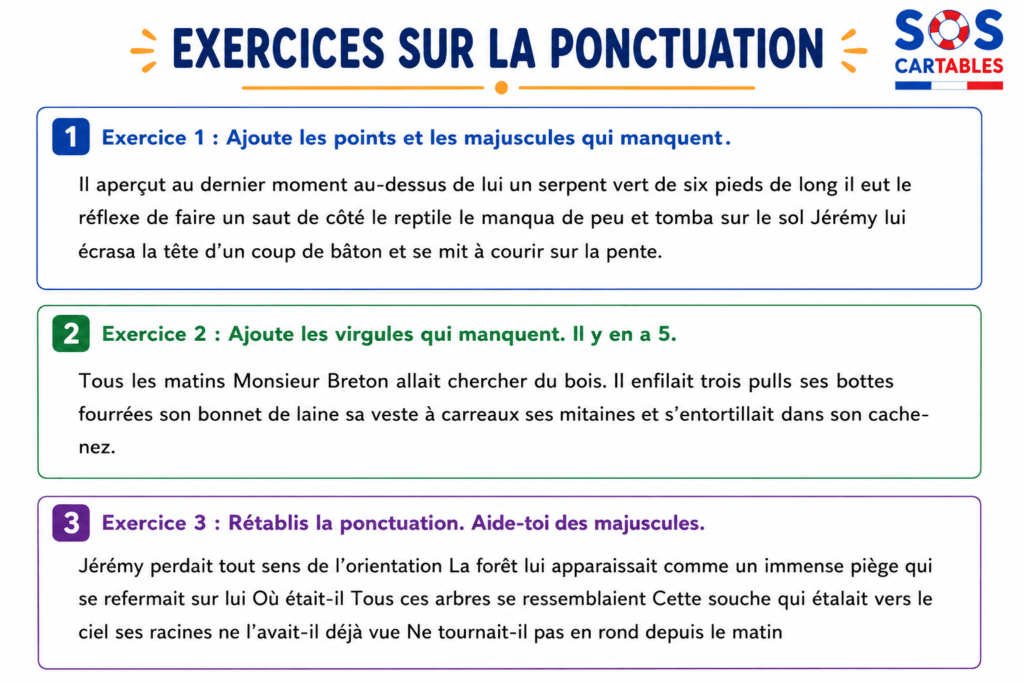 Exercices de ponctuation CM1 CM2 gratuits : signes, virgules et majuscules 3 Fiche d'exercices sur la ponctuation CM1 CM2
