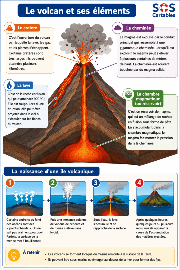 Schéma d'un volcan CM1 CM2 — chambre magmatique cheminée cratère coulée de lave