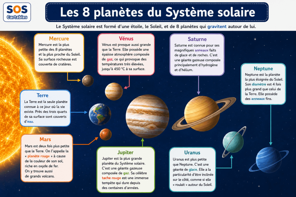 Les 8 planètes du système solaire CM1 CM2 — ordre Mercure Vénus Terre Mars Jupiter Saturne Uranus Neptune