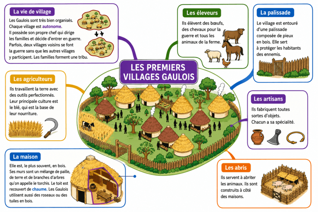 La vie des Gaulois : leçon complète sur leur habitat et leur quotidien 2 village gaulois CM1 - palissade maisons torchis chaume vie des Gaulois Antiquité