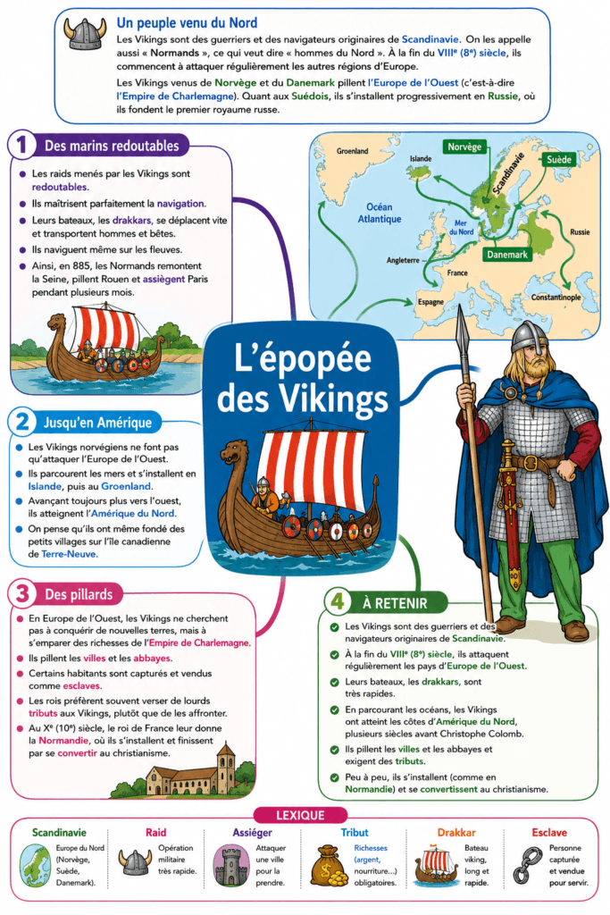 Les Vikings : leçon complète sur les guerriers et explorateurs du Nord 2 épopée des Vikings CM1 - explorateurs Islande Groenland Amérique Normands Normandie