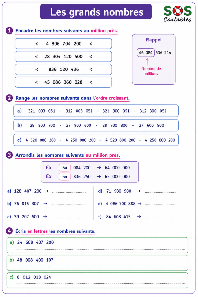 Manipuler les grands nombres CM2 : exercices essentiels corrigés 5 manipuler les grands nombres CM2,manipuler les grands nombres,ordre croissant,ordre décroissant,arrondissement