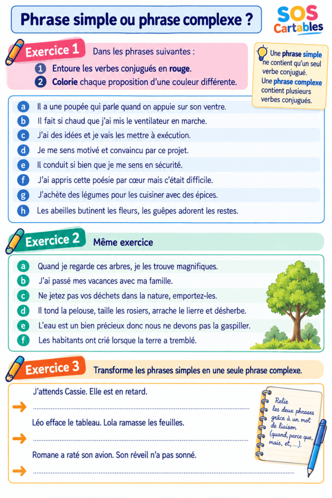 Exercices phrases simples et complexes CM1 CM2 : corrigés gratuits avec propositions 4 exercices phrases simples et complexes CM1 CM2 propositions coloriage