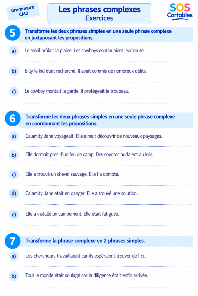 Exercices phrases complexes CM1 CM2 : relier les propositions (exercices à télécharger en PDF) 4 exercices phrases complexes CM1 CM2 fiche transformer juxtaposition coordination
