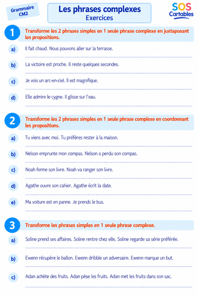 Exercices phrases complexes CM1 CM2 : relier les propositions (exercices à télécharger en PDF) 5 exercices phrases complexes cm1 cm2,propositions juxtaposées,propositions coordonnées,conjonction de coordination,signe de ponctuation,phrases complexes