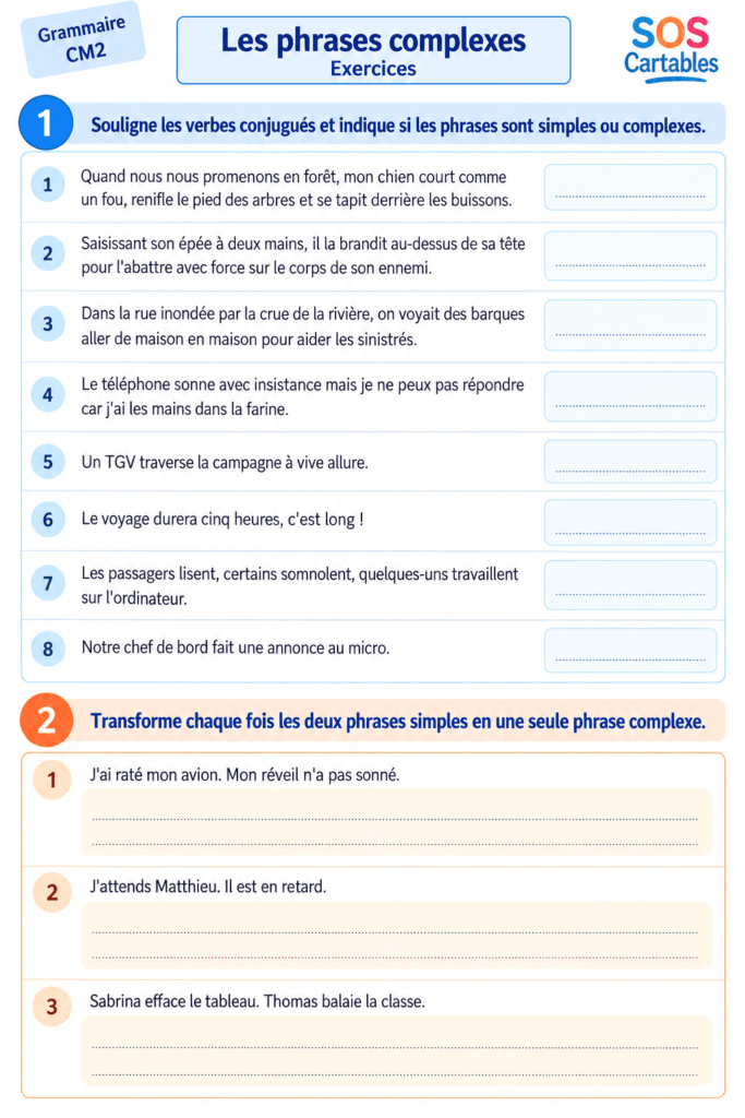 Exercices phrases simples et complexes CM1 CM2 : corrigés gratuits avec propositions 4 Exercices phrases simples et complexes CM1 CM2 : corrigés gratuits avec propositions - Série 1