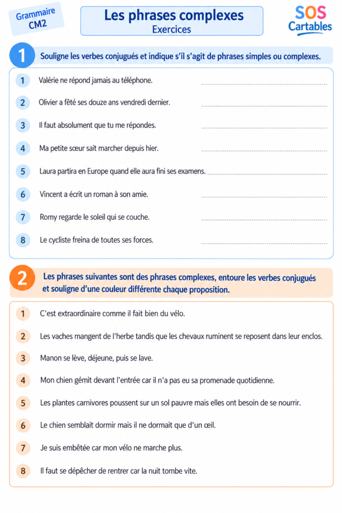 Exercices phrases simples et complexes CM1 CM2 : corrigés gratuits avec propositions 6 Exercices supplémentaires phrases simples et complexes CM1 CM2
