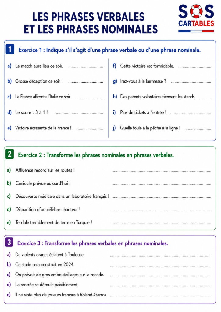 Phrases verbales et nominales CM1 CM2 : exercices corrigés gratuits 2 Exercices phrases verbales et nominales CM1 CM2