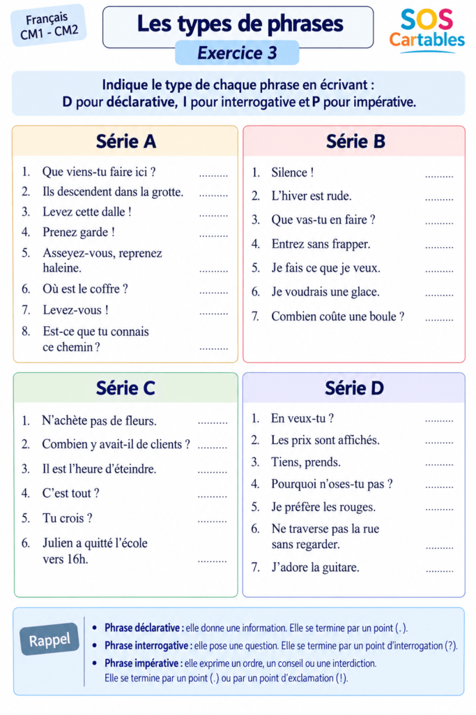 Exercices sur les types de phrases CM1 CM2 – série 2, exercice 3