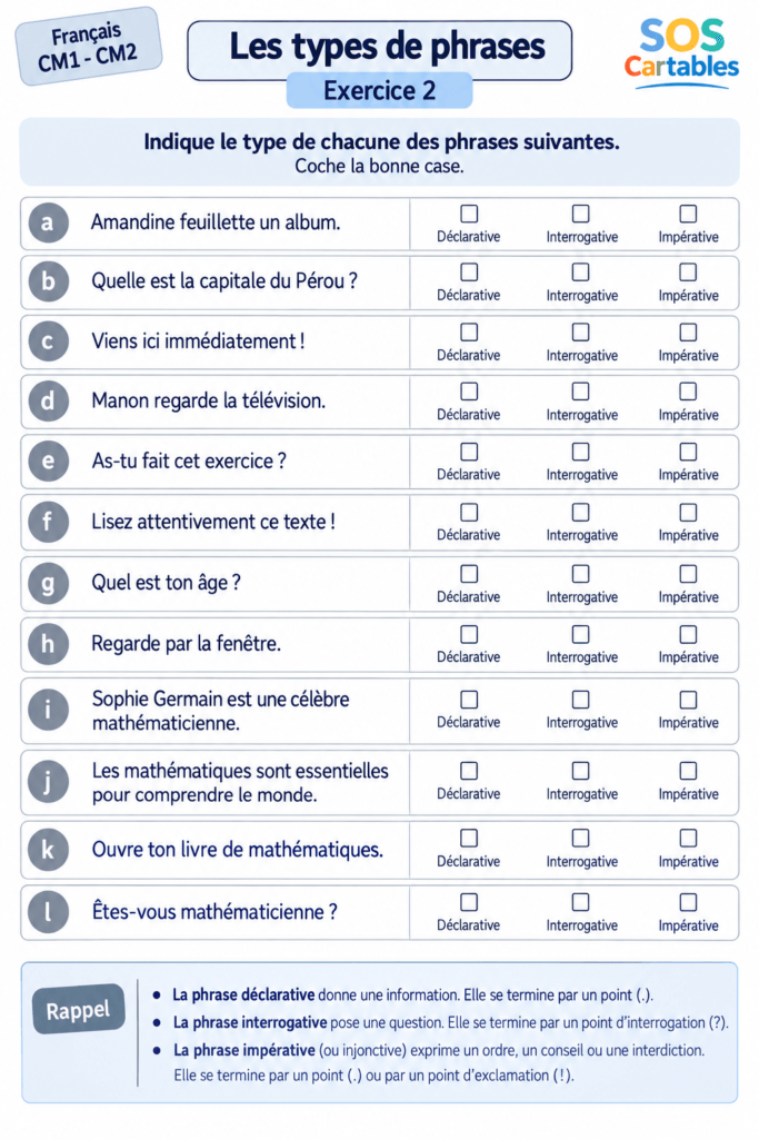 Fiche d’exercices sur les types de phrases CM1 CM2 – série 1