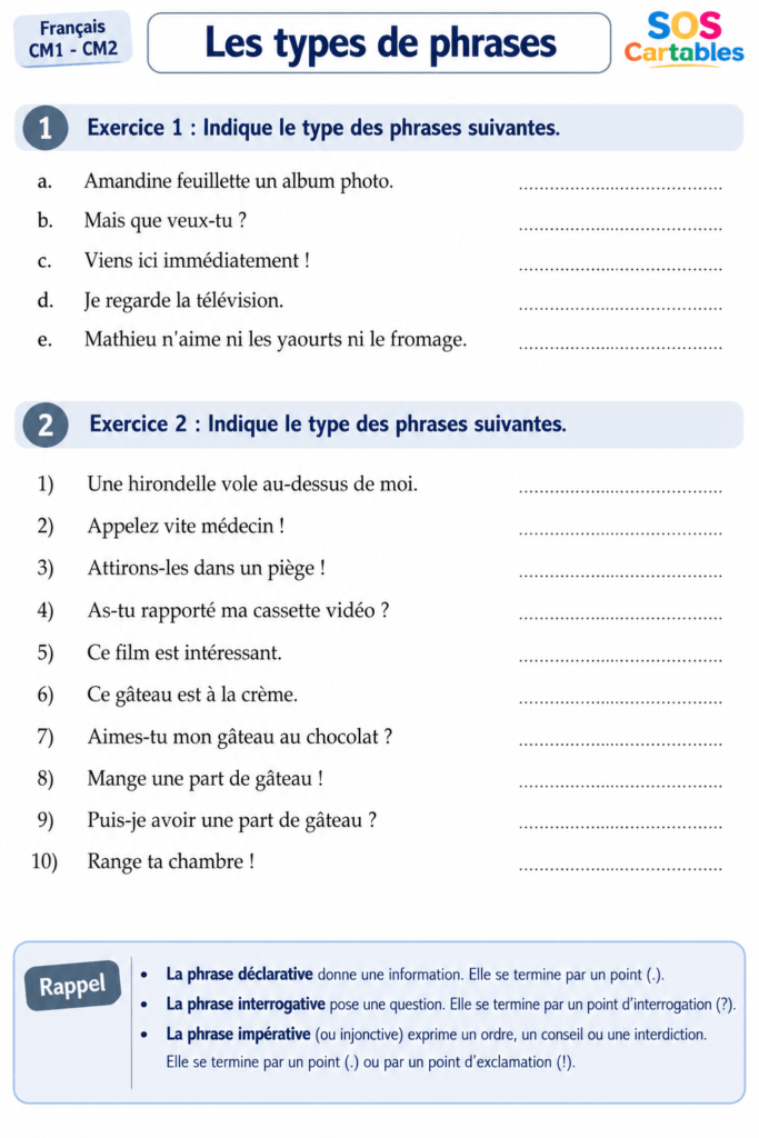 Fiche d’exercices sur les types de phrases CM1 CM2 – série 2