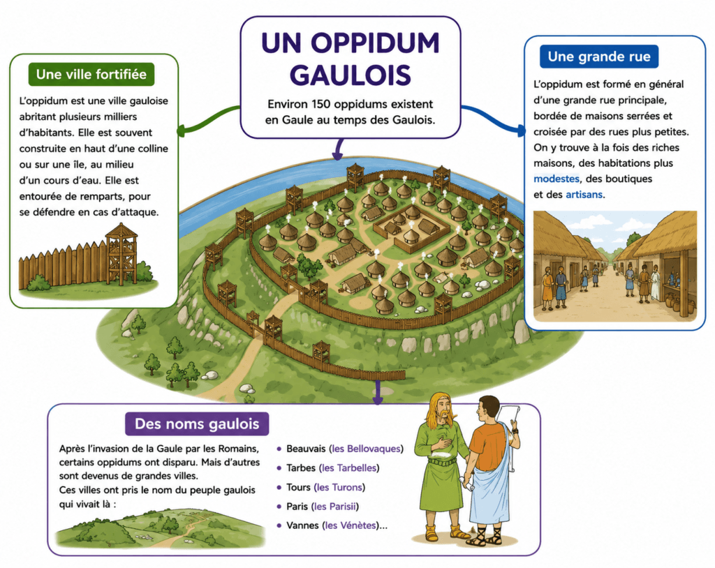 La vie des Gaulois : leçon complète sur leur habitat et leur quotidien 3 oppidum gaulois CM1 - ville fortifiée remparts grande rue boutiques Antiquité - la vie des Gaulois CM1