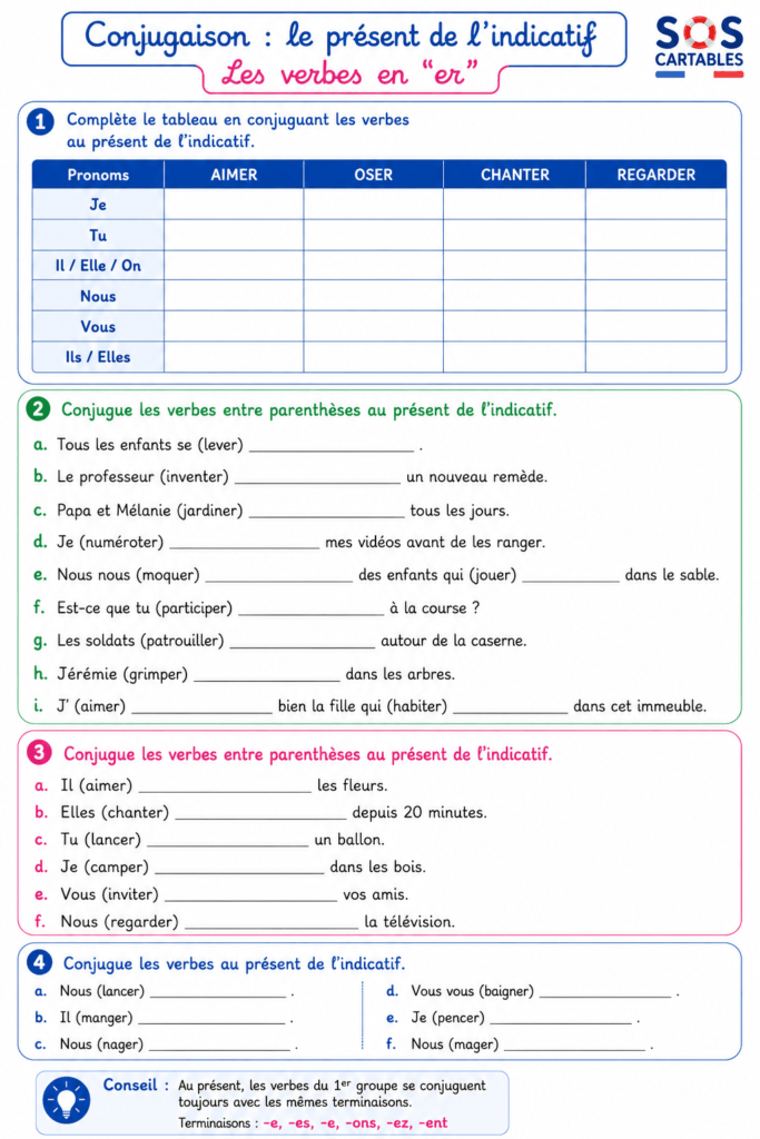 exercices présent verbes 1er groupe ER CM1 CM2 série 1
