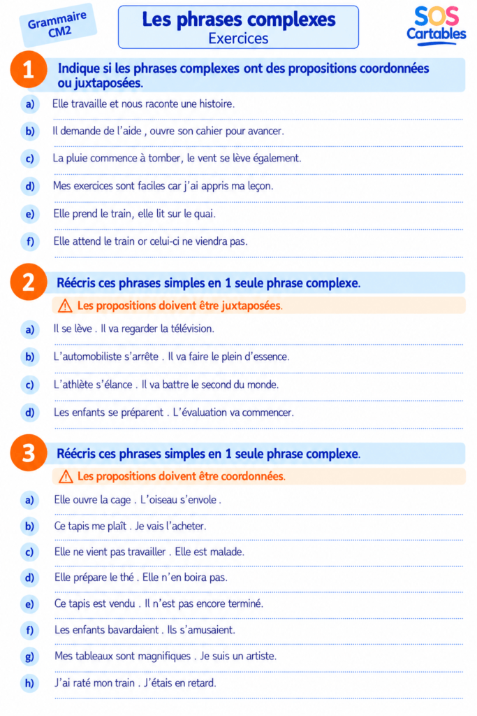 Phrases complexes CM2 (juxtaposition coordination) - exercices corrigés gratuits 3 exercices phrases complexes CM2 fiche 2 juxtaposition coordination corrigés
