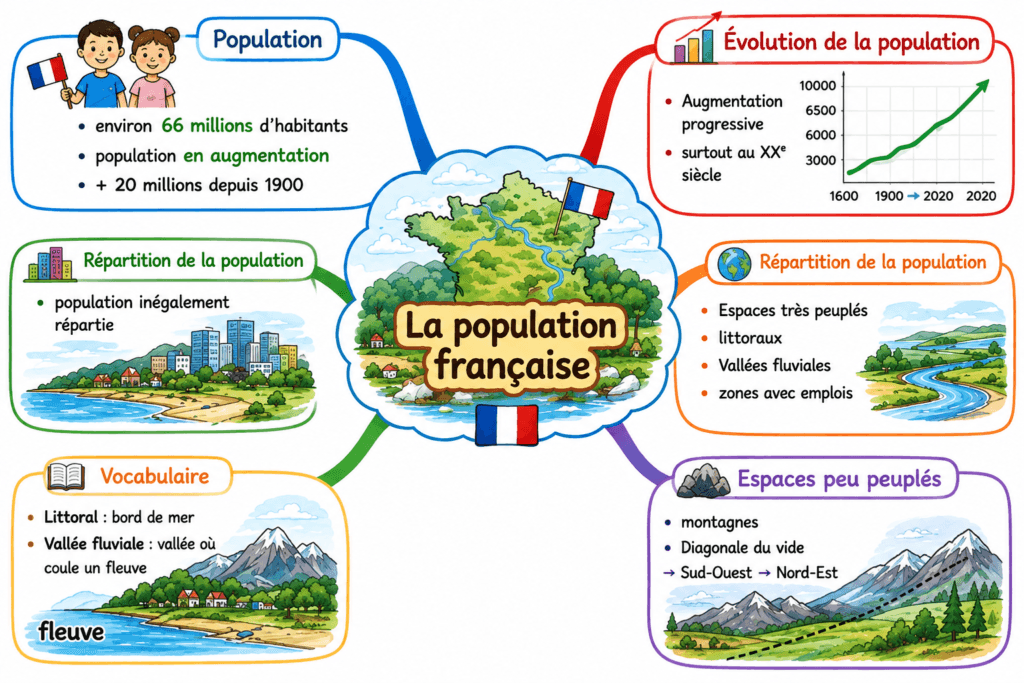 La population française CM1 CM2 : leçon complète et essentielle 4 carte mentale population française CM1 CM2
