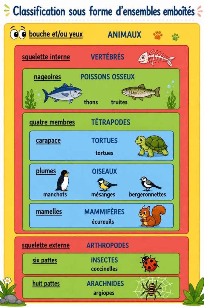 La classification des animaux CM1 CM2 : leçon complète et gratuite 4 Classification des animaux par emboîtement CM1 CM2 — mammifères oiseaux poissons reptiles amphibiens