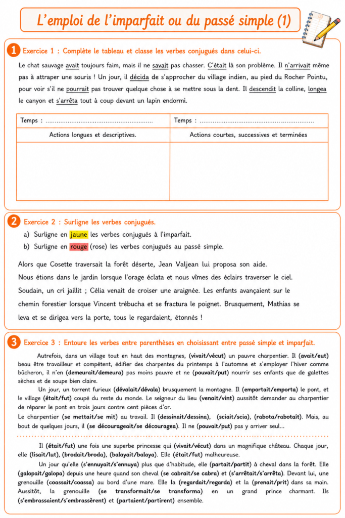 Imparfait ou passé simple CM2 Exercices Série 1 