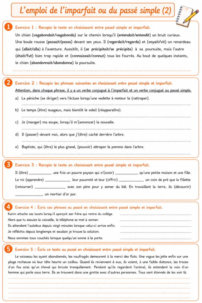 Imparfait ou passé simple CM2 Exercices Série 2