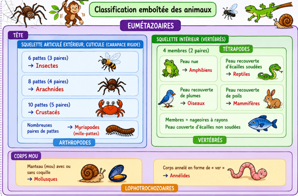 Schéma classification par emboîtement CM1 CM2 — groupes emboîtés vertébrés mammifères oiseaux