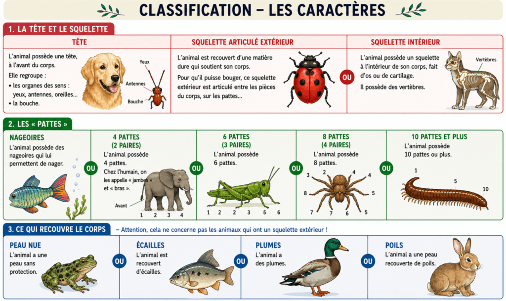 La classification des animaux CM1 CM2 — schéma groupes emboîtés vertébrés invertébrés caractères communs