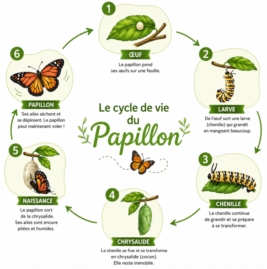 Le développement des animaux CM1 CM2 : leçon complète et gratuite 5 Métamorphose du papillon CM1 CM2 — œuf chenille chrysalide papillon adulte cycle de vie