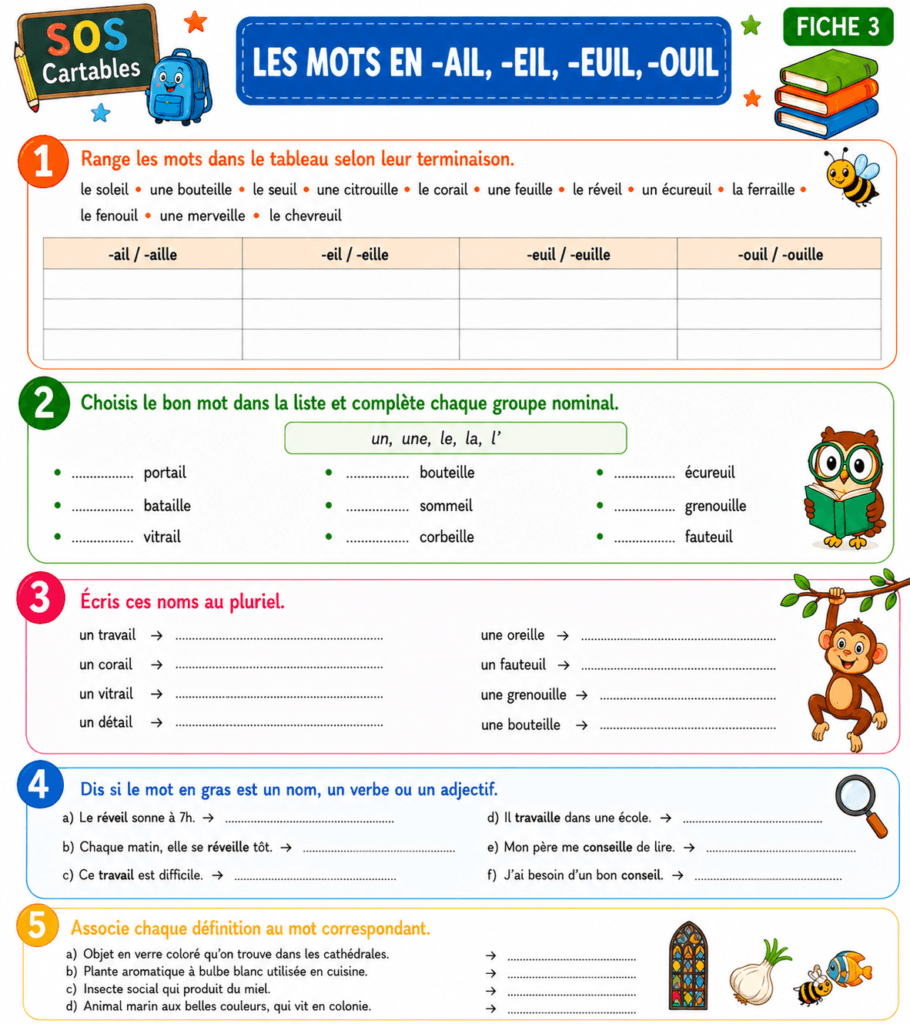 Exercices mots en -ail -eil -aille -ouille CM1 CM2 série 2