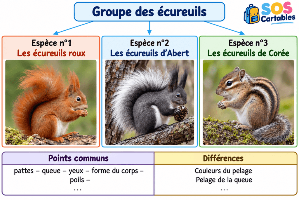 La diversité des animaux CM1 CM2 : leçon complète et gratuite 3 La diversité des animaux CM1 CM2 — groupe des écureuils espèces caractères communs et différences