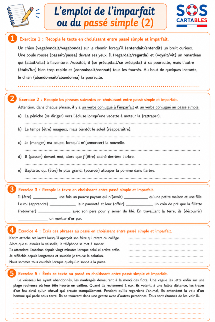 Imparfait ou passé simple CM2 Exercices Série 2