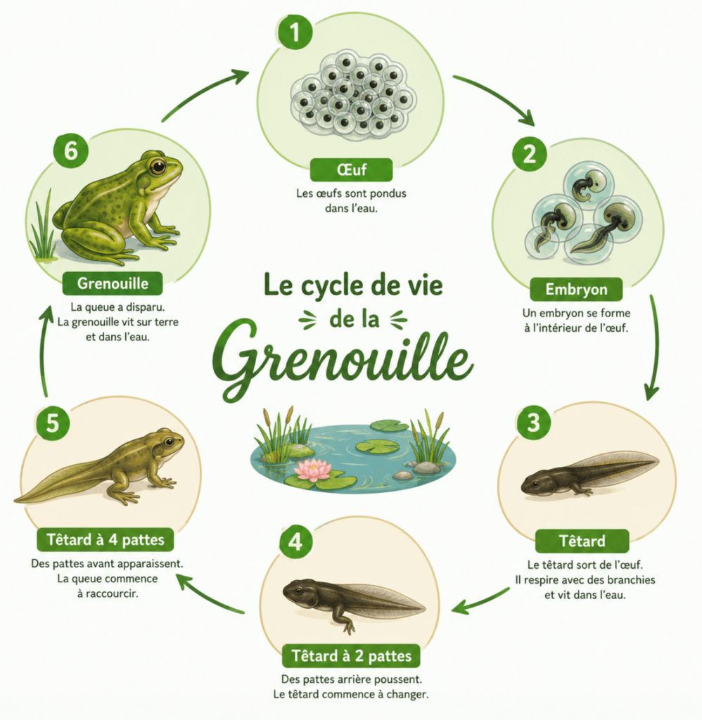 Le développement des animaux CM1 CM2 : leçon complète et gratuite 4 Métamorphose de la grenouille CM1 CM2 — œuf têtard grenouille adulte développement indirect