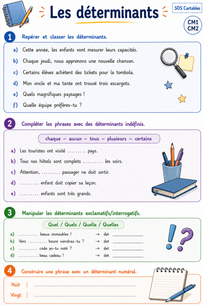 Exercices autres déterminants CM1 CM2 : indéfinis, numéraux, exclamatifs et corrigés gratuits 2 Exercices autres déterminants CM1 CM2 Série 1