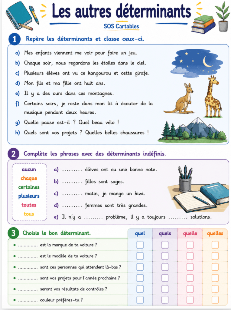 Exercices autres déterminants CM1 CM2 : indéfinis, numéraux, exclamatifs et corrigés gratuits 3 Exercices autres déterminants CM1 CM2 Série 2
