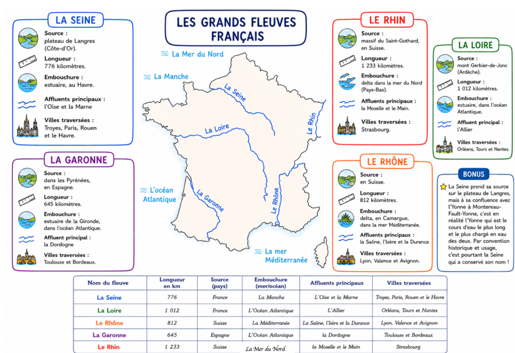 Les grands fleuves français CM1 CM2 : leçon complète et essentielle 3 Carte mentale : les grands fleuves français CM1 CM2