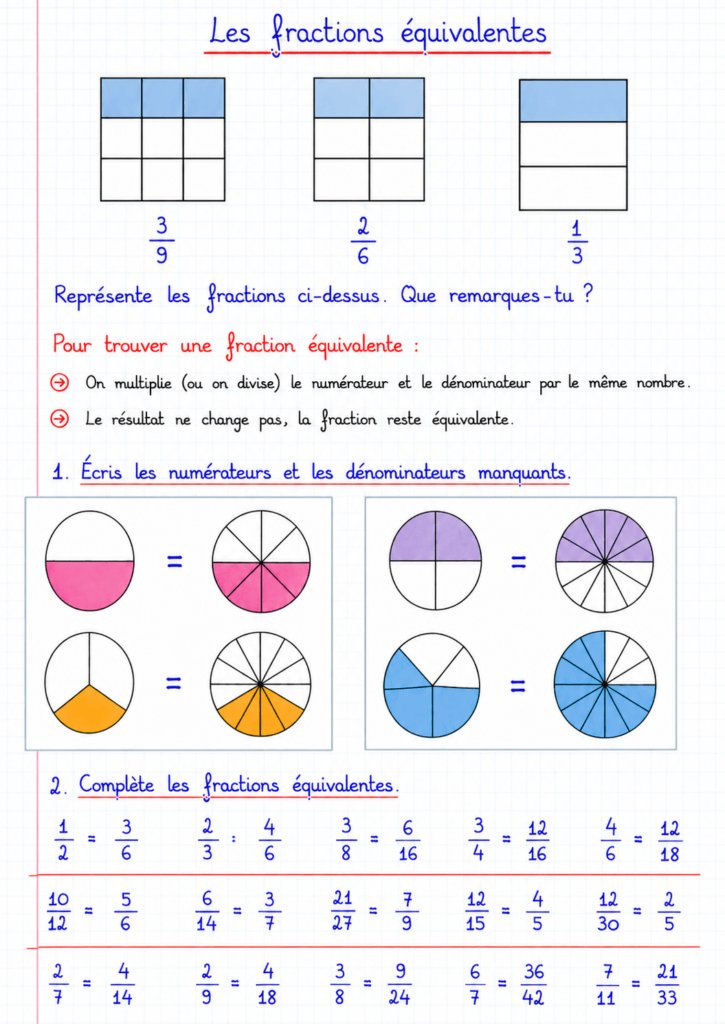 Exercices fractions équivalentes CM1 CM2 – reconnaître créer simplifier

