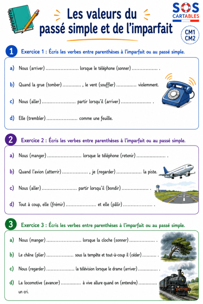 Les valeurs du passé simple au CM2 : leçon complète avec exemples 3 Exercices sur les valeurs du passé simple, imparfait ou passé simple