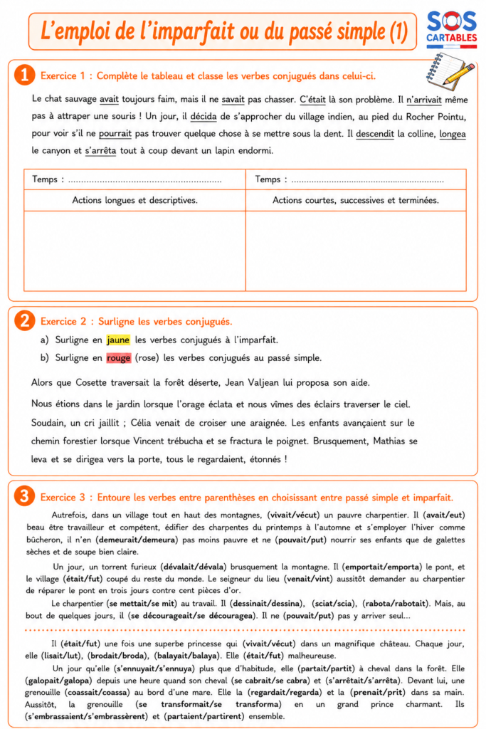 Imparfait ou passé simple CM2 Exercices Série 1