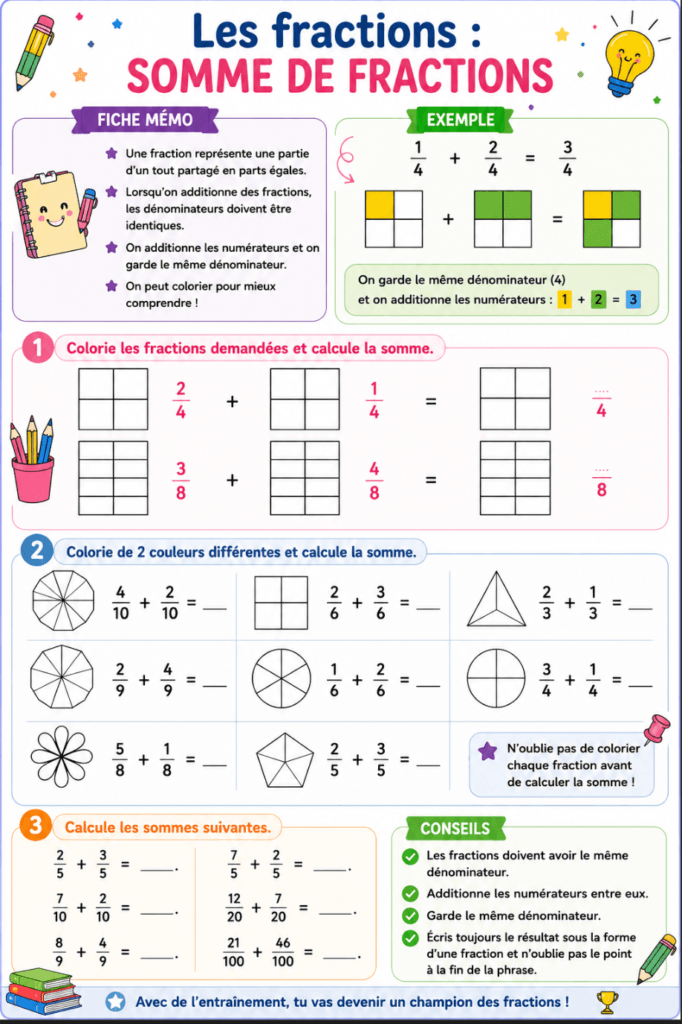 somme de fractions CM1 CM2,somme de fractions