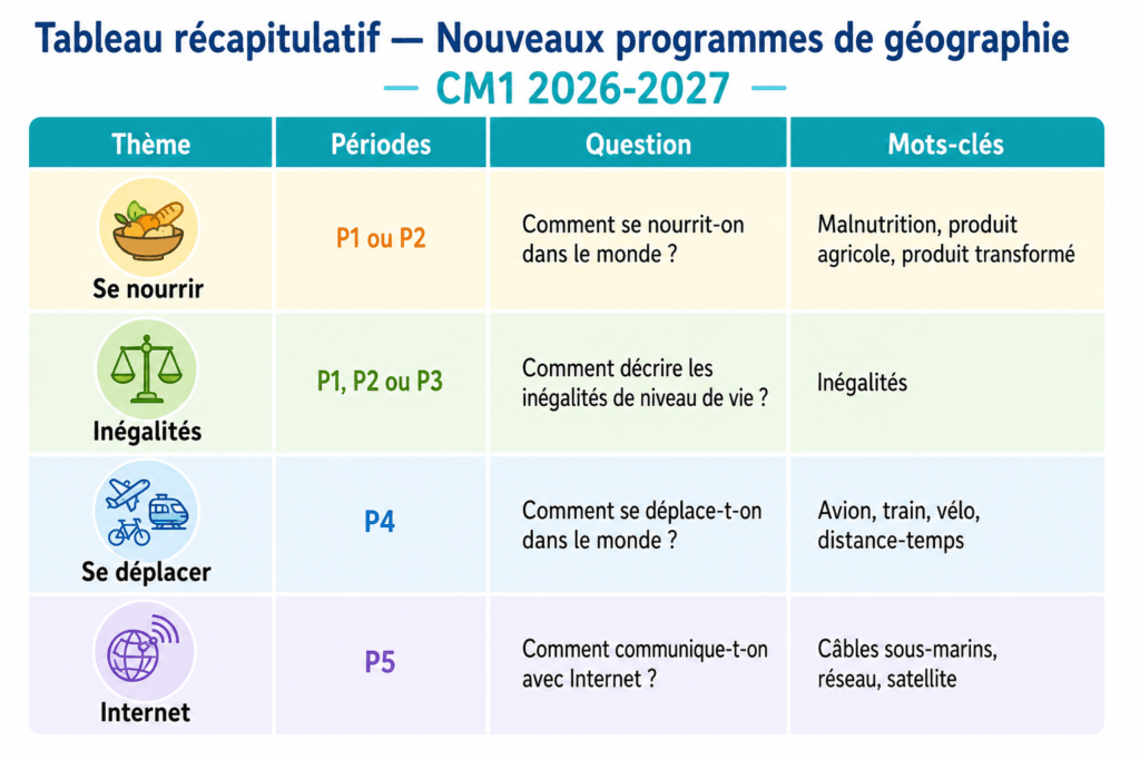 nouveaux programmes géographie cm1 2026,se nourrir,les inégalités dans le monde,se déplacer,communiquer avec internet,programmes géographie